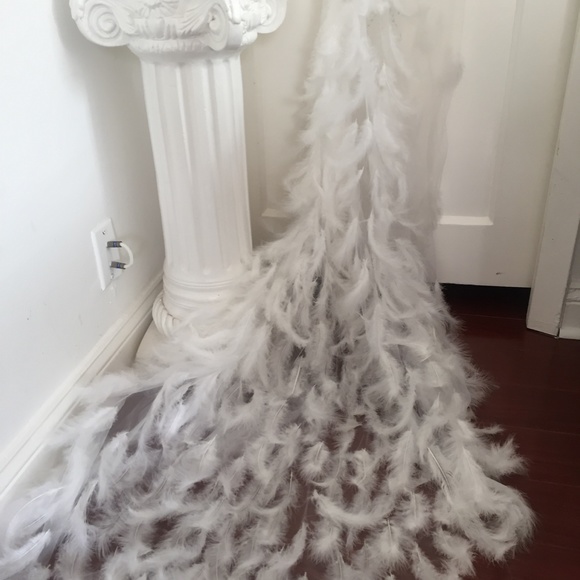 WHITE ANGEL DRESS HAND BEADED FEATHER COUTURE GOWN - Picture 13 of 16